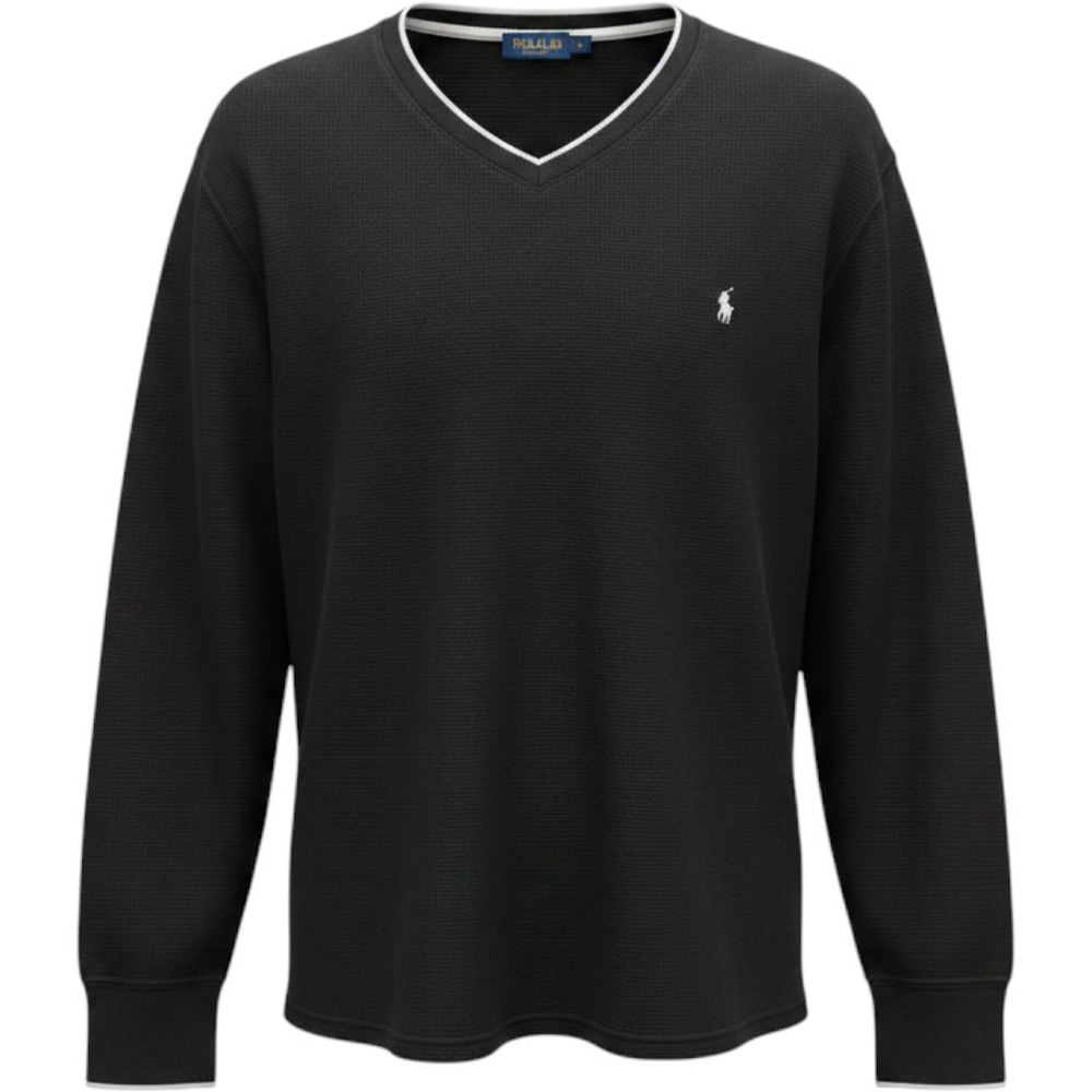 Polo Ralph Lauren Mens Black Waffle Knit Thermal V-Neck Long Sleeve Shirt